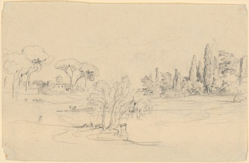 Italian landscape with pines and cypresses. Between the pines on the left a villa