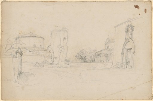 Round church, remains of an aqueduct, Pyramid of Cestius, church portico and church facade