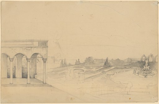 Italian loggia with terrace facing a park with a pond and Neptune group