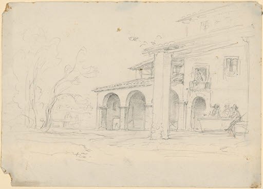 Italian house with open loggia. To the right of the door sit three men. On the balcony above appears a woman