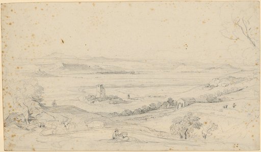 Extensive valley landscape. View from the front slope, where shepherds rest and cattle graze, across the river bend to the opposite mountains
