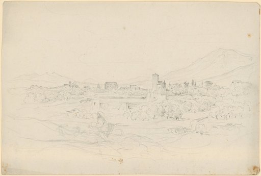 Italian landscape with Roman ruins and a small, single-towered church