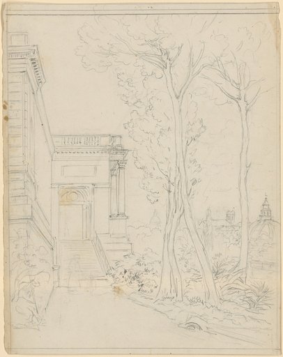 Side staircase leading to the portico of a church or palace. To the right behind tall trees two church towers and two domes