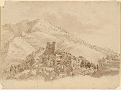 Italian town with a Rocca on a hill before a much higher mountain