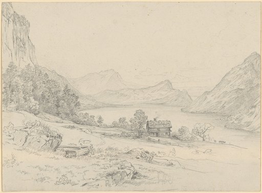Swiss lake landscape with a chalet, shepherd and herd on the front shore. The mountains rise almost directly from the water