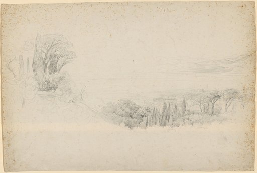 Italian Seaside or River Landscape, Seen from Above. A Hill with Cypress and Pine Trees on the Left. In the Middle Ground, Below a Small Wood, an Extensive Building Complex