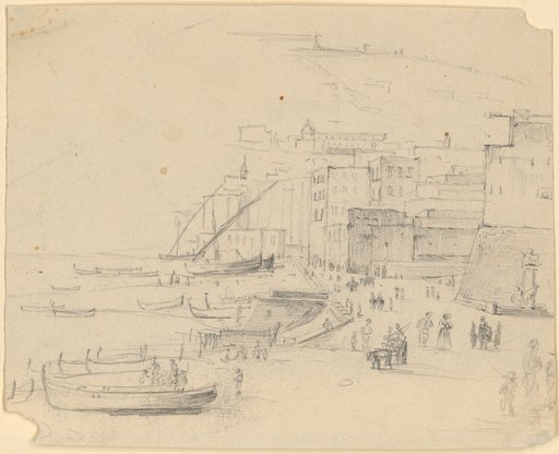 Italian Seaport. Many Boats Enliven the Water Surface and Left Shore; People on the Quay to the Right