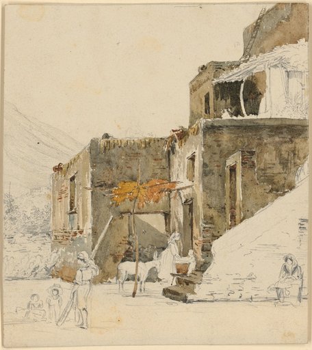 Italian Country House with a Staircase to the First Floor and a Small Pergola. In Front, Three Adults, Three Children, and a Donkey