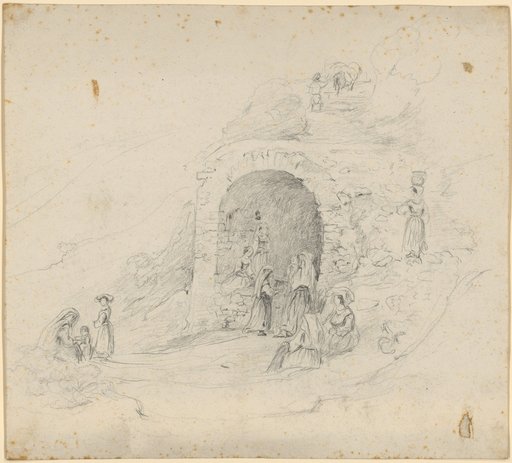 Italian Fountain in a Masoned Niche on a Hillside, Surrounded by Many Water Carriers
