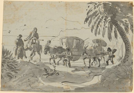 Litter Carried by Two Mules to the Left, with Two Guides and a Rear Guard. A Palm Tree in the Foreground on the Right