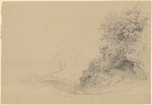 Coastal Landscape. From the Left Shore, a Hollow Road Leads Up to the Right to a Small Cave