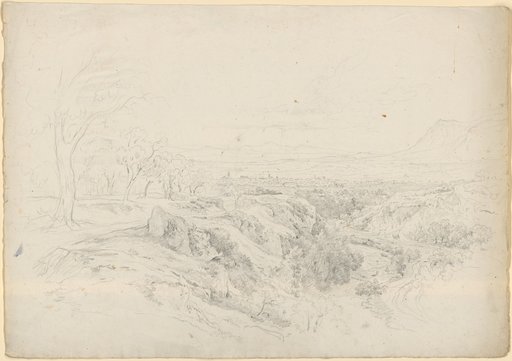 Italian Hilly Landscape with a Hollow Road, Olive Trees, and a City in the Middle Ground