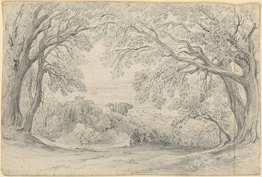 View from a Wooded Height on a Park and Villa Over an Italian Town
