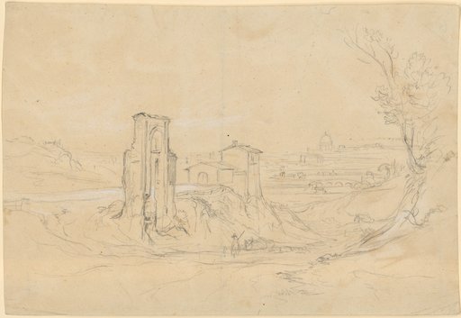 Italian Landscape with a Hollow Road in the Center of the Foreground, Traversed by a Shepherd and Flock. View of a Dome Church