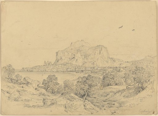Cefalù. View of the Headland from the Western Coastline to the East. In the Foreground, Olive Trees