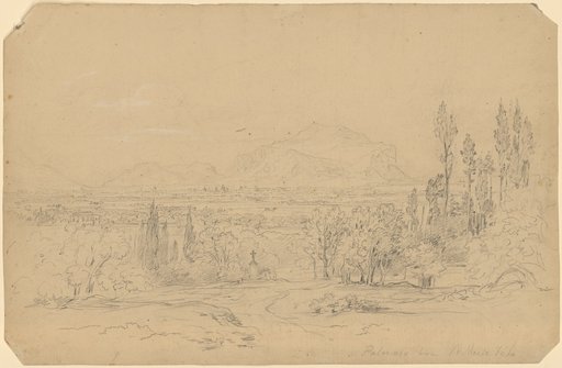Palermo from St. Maria Gesù. View over a sunlit wooded foreground to the city, Monte Pellegrino and the Conca d'Oro