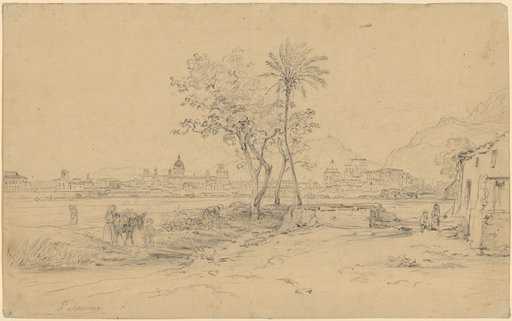 Overall view of Palermo. In the foreground country people and a farmhouse
