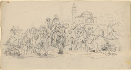 Resting caravan with horses and camels before a mosque
