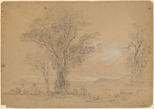 Camaldoli. Coastal landscape with two tall groups of trees on the shore. In the front left two Muslims walking to the right