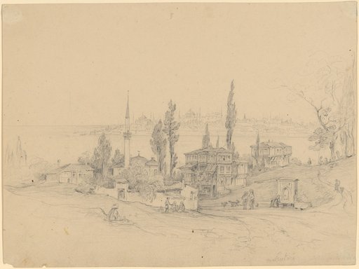 At Scutari. In the foreground a mosque, several buildings and a fountain. Distant view of the headland with the city and its minarets