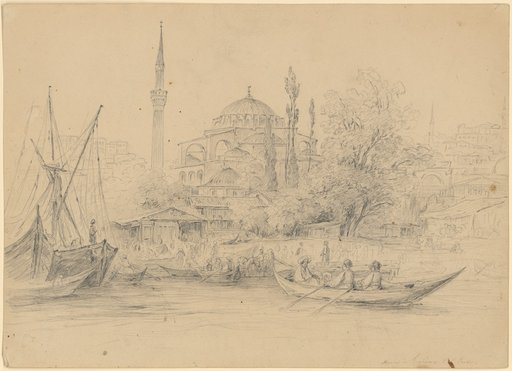 Marine de Tophana à Pera. View from the landing place with its boats and sailing ships to the nearest mosque and the city rising to the right