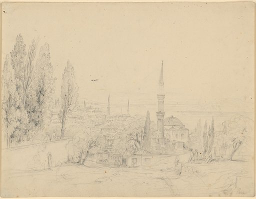 Pera. Overall view from the shore height towards the coast. In the front left a terraced park. In the middle a mosque with a slender minaret