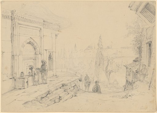Pera. On the left a Moorish fountain by the path. Next to it two Muslims. On the right a house, on whose threshold two men are sitting. In between a distant view of Pera. On the path a person approaching and a person riding away