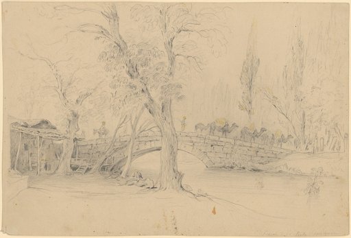 Flat stone bridge over a stream. A caravan moves with camels to the right, passing a cemetery under trees