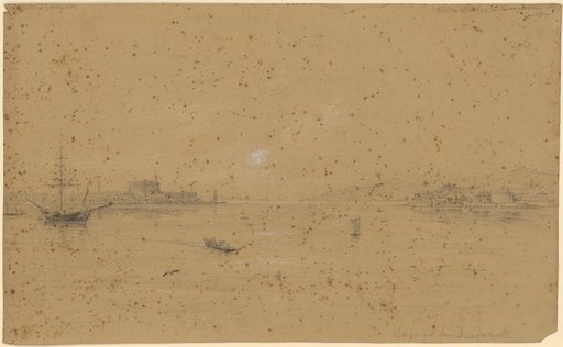 Narrow pass of the Dardanelles. In the distance to the left the Fort of Abydos, to the right Killis Bahar. View from the sea at sunset