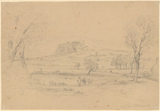 Distant view of Athens and the Acropolis from the olive grove. On the path in the foreground a muleteer. Behind him a shepherd with his flock