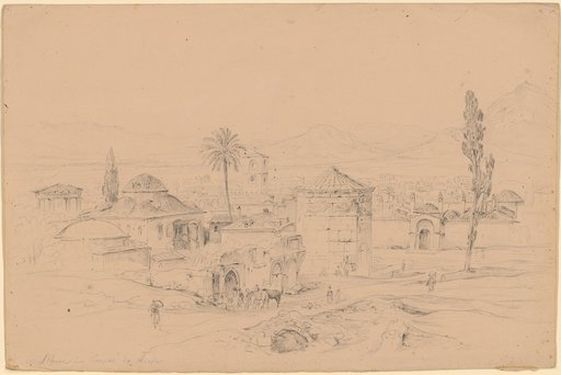 Athena from the Temple of the Winds. To the left the old mosque, in the center a fountain surrounded by people, to the right behind it the so-called Tower of the Winds, i.e., the clock of Andronikos