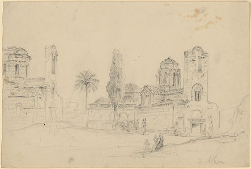 Athens. Two Byzantine churches with bell towers, in front of them a few people. In the center a palm tree and a cypress