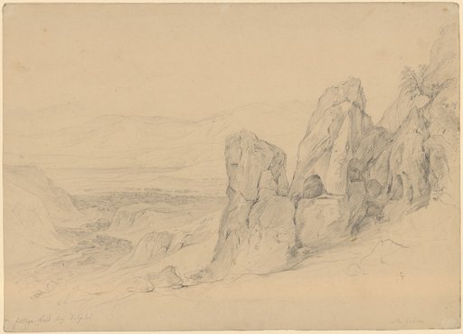 The Sacred Grove near Delphi. View over land and water to the distant mountains. To the right ancient tombs in steep rocks