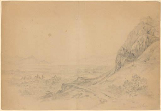 Plain of Argos. Wide distant view over the plain. To the right rising rocks crowned by a fortress