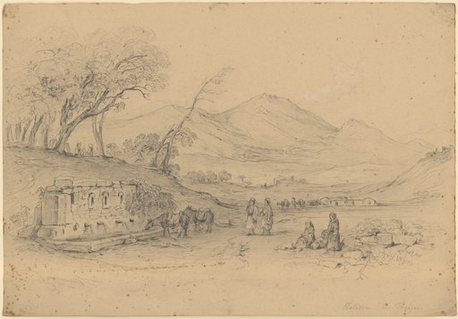 Mount Helicon seen from Thespiae. In the foreground resting peasants, two men and two women watering two saddled horses at a fountain with four spouts. In the middle ground a farmstead