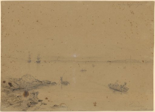 Tenedos to Syra. At the shore and in boats some fishermen. To the left in the distance two two-masted ships. In the center the low sun reflecting in the water