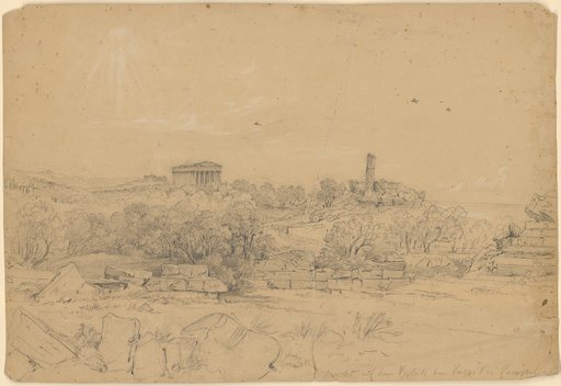 View of the square of the Temple of Jupiter in Agrigent with the view from left to right on the Temple of Juno Lacinia, the Temple of Concord, and the remains of the Temple of Hercules. In the foreground some ruins of the Temple of Olympian Zeus