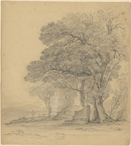 Fragment of a monument, like a multi-tiered, huge bench under trees on the shore, with a view over the sea and islands. To the left a female figure indicated