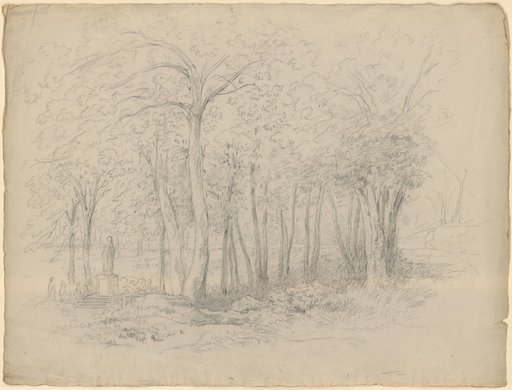 Park or wooded grove with a statue seen from the back, raised on three steps. In front of it a few people