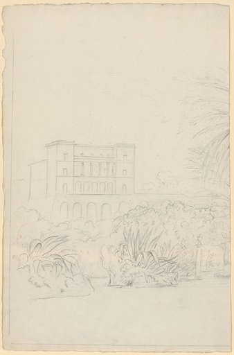 Open-ground Italian villa on a high foundation in a park with agaves and palms [left half]
