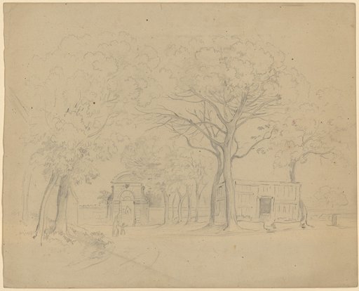 Park path, trodden by a woman and a child, leading to a stone portal, passing a flat-roofed building