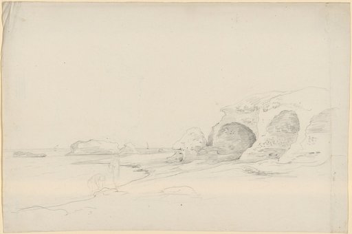 Grotto on the seashore. In front a few tiny islets. At the shore to the left in the foreground two figures