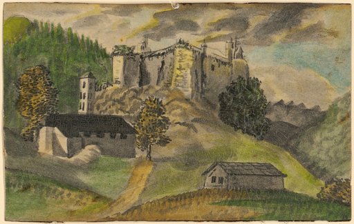 Mountain chapel below a castle with four massive corner bastions