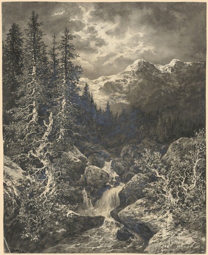 Mountain stream between rocky outcrops and mountain pines, near the upper tree line. In the background glaciers and snow-capped peaks
