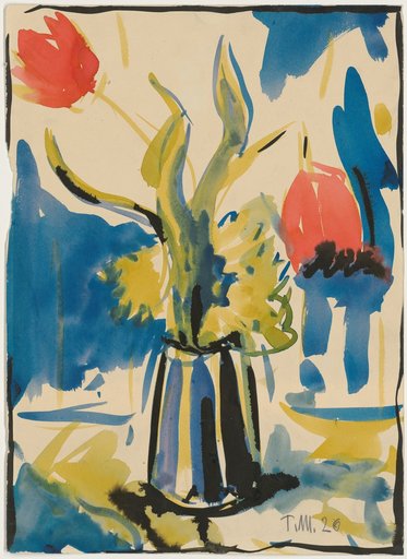 Vase with Two Red Tulips against a Blue and White Background
