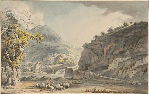 Mountain River Landscape with a Stone Arched Bridge