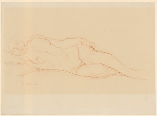 Reclining female nude with closed eyes, from the front. The head rests on the right upper arm. Under the pillow on the left.