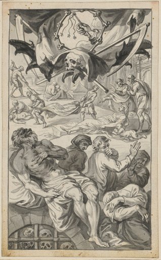Deadly plague. Dying figures before an ancient city