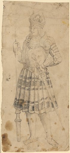 Crowned Emperor in Armor, Holding a Spear and a Sword