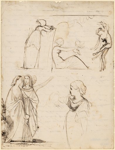 Seated Young Woman with Child Between a Flute Player and a Dancer on the Ground. Group of Women Wrapped in Cloaks, Perhaps a Study for the Procession of the Women to the Tomb - Girl to the Left, Knee-Length Portrait